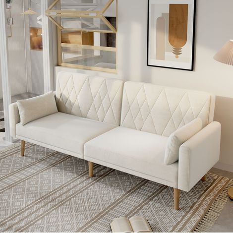 Canapé convertible 2 posti in velluto beige 180x75x82 cm con schienali indipendenti regolabili (1/5)