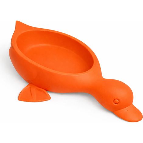 Portasapone a forma di anatra arancione con foro di scarico.