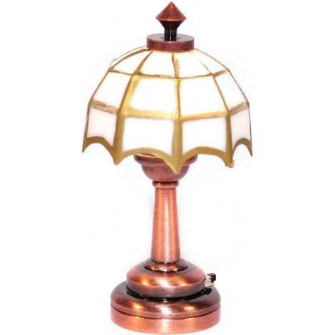 Lampe de table en cuivre pour maison de poupée, abat-jour Tiffany blanc et or, éclairage LED à piles ( )