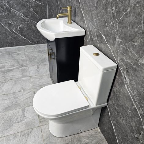 Black Vanity Unit with Brass Handles 550mm Closed Back Toilet Bathroom Suite, Without Tap & Waste