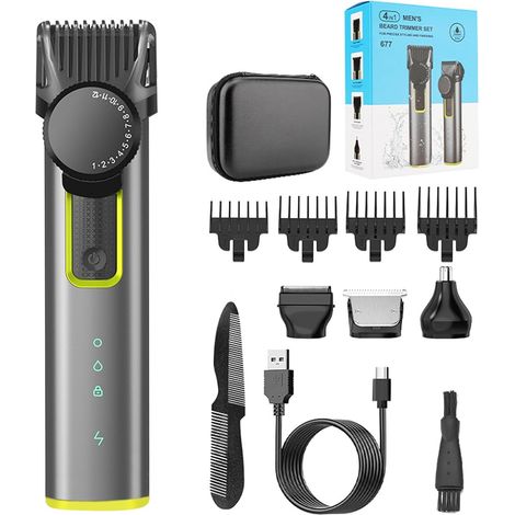 Kit de tondeuse à barbe pour homme, kit toilettage 4 en 1, sans fil, étanche, rechargeable, rasoir électrique et cheveux avec sac rangement cheveux, nez, corps, visage - (1/5)