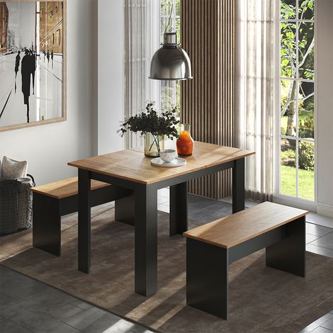 Ensemble de table à manger Sentio, Anthracite/chêne doré, 112x73.6cm avec 2 bancs, Vicco