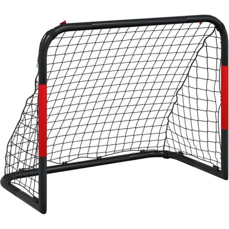But de football, filet à rayures rouges et noires, dimensions 90x48x71 cm, acier. (1/5)