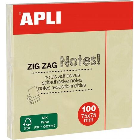 APLI NOTAS ADHESIVAS ZIGZAG CLASSIC 75X75MM BLOC 100H AMARILLO