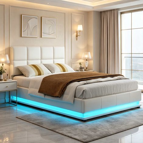 Lit adulte 140x190cm – Lit suspendu – Éclairage LED – Rangement tête de lit – Sommier à lattes – Design confortable moderne (1/5)