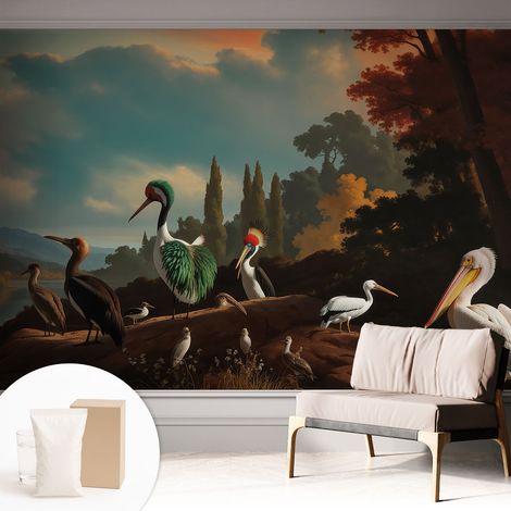 Fototapete - Tapete Vliestapete mit Kleber - Wandtapete Moderne Wandbild Schlafzimmer Wohnzimmer Malerische Vögel 312x219 cm (1/5)
