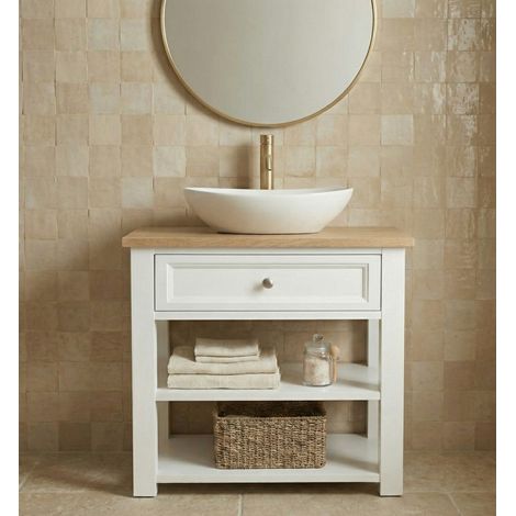 Meuble sous‑vasque BALI 80 cm Suspendu, Meuble de salle de bain laqué Blanc Mat, plan couleur chêne avec LED, tiroir amorti, rangement pour salle de bain (1/5)