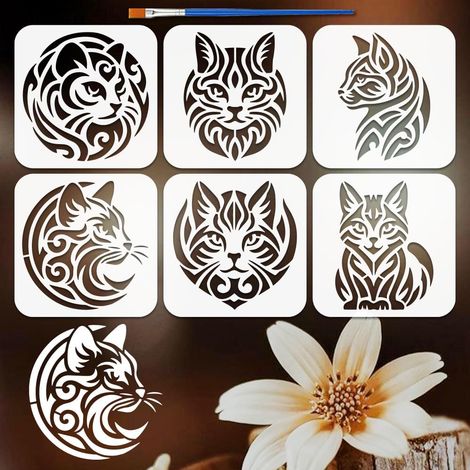 6PCS Pochoir Peinture Totem Chat avec Pinceau 15x15cm Modèle Dessin Motif Chat Réutilisable Pochoir Plastique PET Style Lignes Modèle Thème Animal pour Peinture sur Bois Tissu (1/5)
