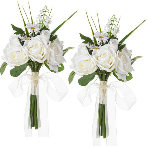 2 künstliche, naturgetreue Rosensträuße, dekorativer Strauß für Hochzeiten und Feiertage, weiß (1/2)