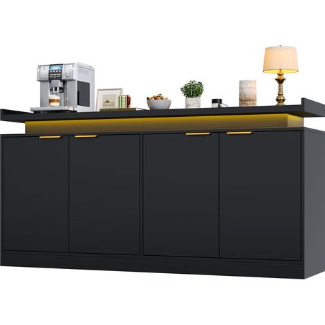 Buffet de Cuisine avec 4 Portes, Étagères Fixes et LED RGB Pilotée par Application, en MDF Noir, 160 x 39 x 83 cm (1/5)