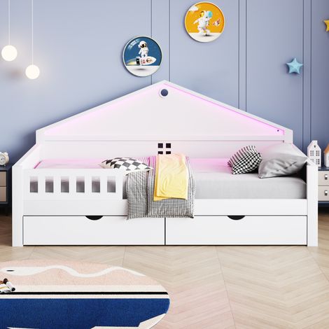 Letto per bambini 90x200 cm con cassetti contenitori e striscia LED, rete a doghe, struttura in legno massello/MDF, bianco (1/5)