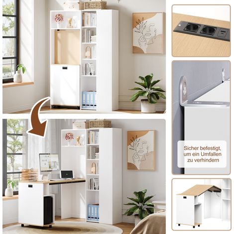 Bureau pliable avec étagères – 2-en-1 bibliothèque et bureau, repliable, avec prise et port USB, tablettes réglables en hauteur, protection anti-basculement, blanc, bureau d'angle droit (1/5)