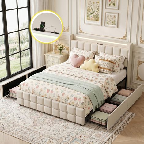 Lit double avec tiroirs 160x200 cm - Lit adulte en lin, LED et USB Intégrés - Sommier à Lattes Inclus,  Scandinave, Beige