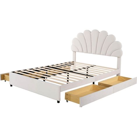 Cama capitoné 140 x 200 cm beige de terciopelo, cabecero floral, 4 cajones MODENUIT (1/5)