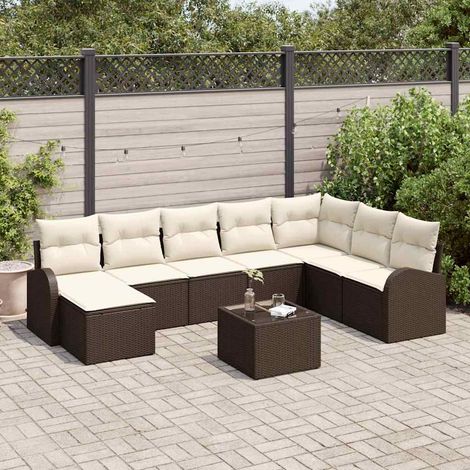 Sofa Set mit Kissen 9 pcs Braun und Weiß Poly-Rattan