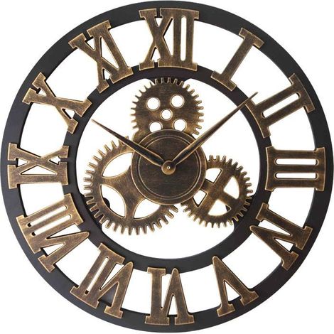 3D Horloge Murale Grand Classique Vintage en MétalSilencieux Rétro Vitesse Pendaison Horloge Chiffre Romain Horologes Style Européen Steampunk Décor Industriel pour Salon, Bar,d'or,30 cm (1/4)