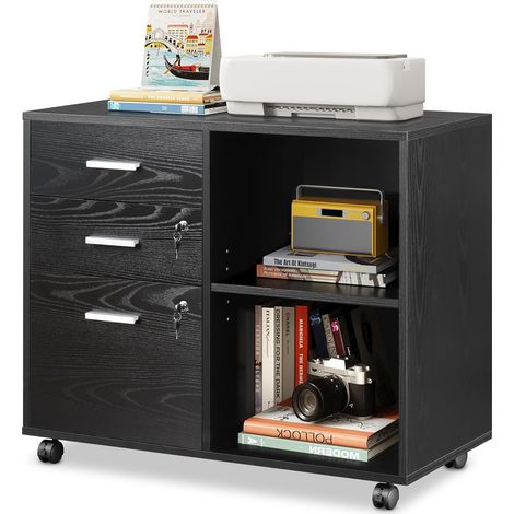 Armoire de rangement mobile DEVAISE à 3 tiroirs et étagères ouvertes, avec roulettes, pouvant servir de table d'imprimante pour formats A4/Légal/Lettre, verrouillable, idéale pour le bureau et le télé (1/5)