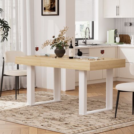 Table à manger extensible 120-160 cm en panneaux de bois naturel et blanc, 8 personnes – MEUBLIV (1/5)
