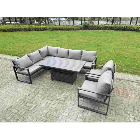 Fimous 7 Pieces Aluminium Garden Furniture Sets with Adjustable Rising Lifting Dining Table Chair 8 Seater Corner Sofa Set Dark Grey (1/5)
