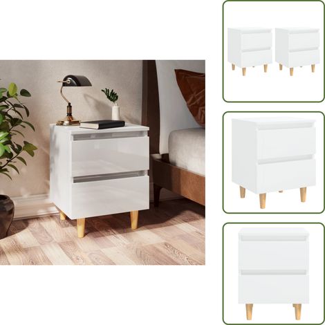 Tables de chevet pieds en pin 2 pcs blanc brillant 40x35x50 cm - Table De Chevet - Meuble De Chambre - Table Nuit - Style Scandinave - Tiroir (1/5)
