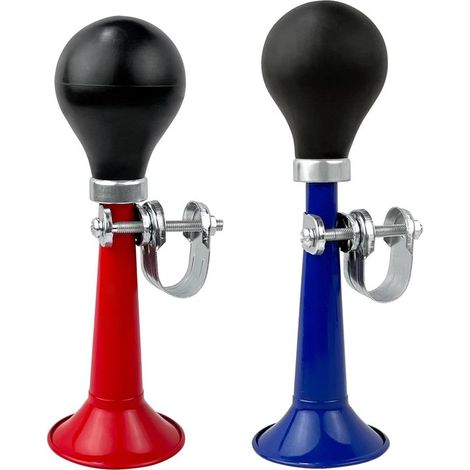 Paquete de 2 piezas: bocina de bicicleta de aleación de aluminio, bocina potente, estilo retro, accesorio de fácil montaje, rojo y azul (1/5)