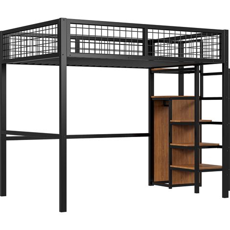 Cama alta 140 x 200 cm de metal negro con escalera y almacenaje HOMVRA (1/5)