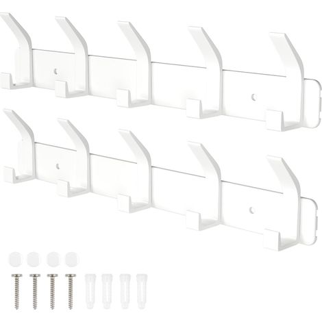 Wall Mounted Coat Rack, 2 Packs Bathroom Hooks with 5 Hooks for Hanging Backpack, Jacket, Hat, Coat Rack for Doors – White