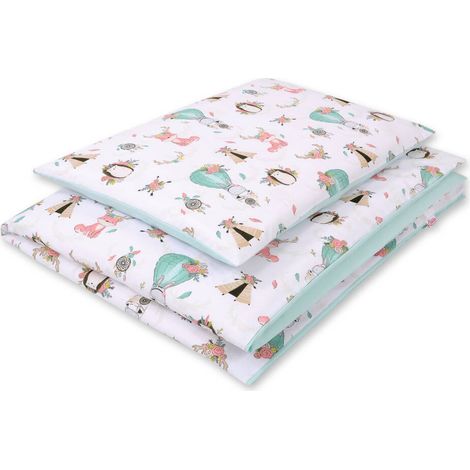 Juego de cama infantil de algodón de 2 piezas, reversible - zorros beige/menta claro (1/3)