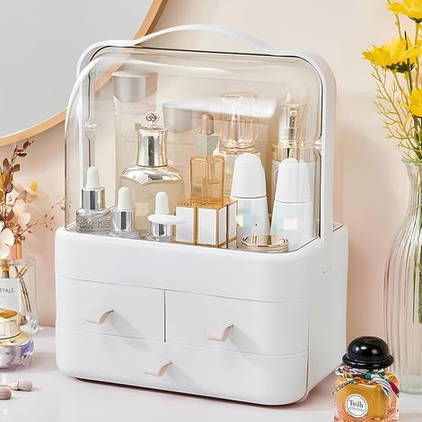 Kosmetik-Aufbewahrungsbox mit Deckel und Schublade, geeignet für Schminktisch, wasser- und staubdichte tragbare Box für Hautpflege und Make-up, passend für Schminktisch, Badezimmer und Ablagen, Weiß