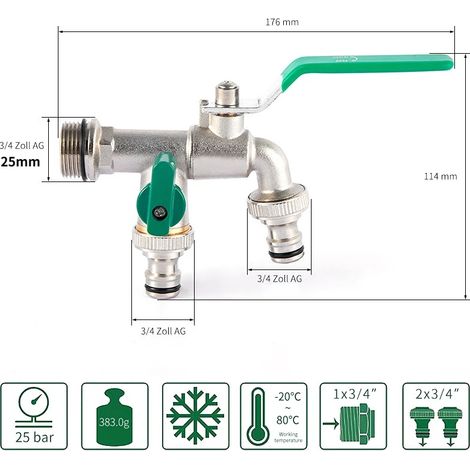 Robinet de jardin extérieur (entrée d'eau DN20), antigel, double commande, en cuivre, pour lave-linge et évier de jardin 1/2 (1/4)