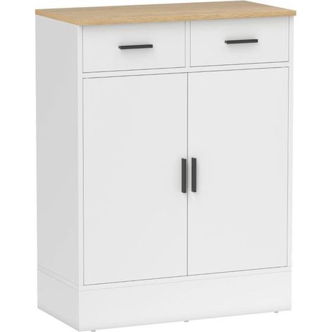Buffet 2 tiroirs Commode rangement étagère réglable aspect bois naturel blanc (1/5)