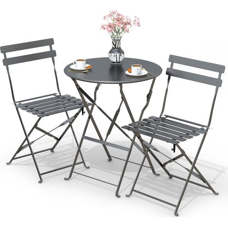 Set de Bistro Ensemble de Mobilier d'Extérieur de 3 pièces avec Table et 2 Chaises Pliantes en Acier pour Balcon Terrasse et Jardin Gris (1/5)