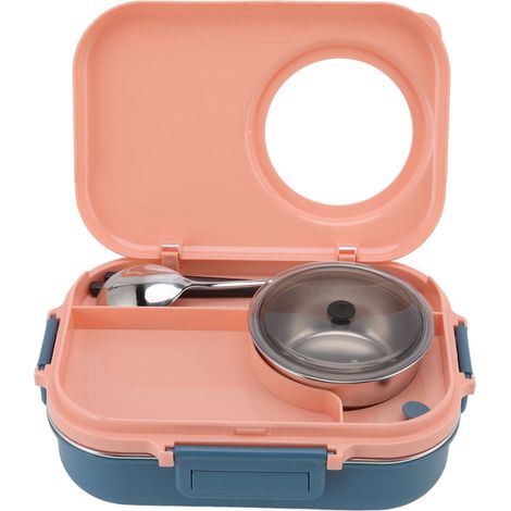 Boîte à lunch isotherme 1100 ml à double compartiment et 3 compartiments, en acier inoxydable 304, avec baguettes, cuillère et bol à soupe, rose. (1/5)