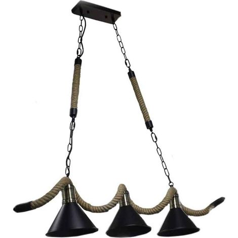 Lampadario da soffitto con corda in canapa vintage retrò lampada con 3 paralumi a campana E27 da soffitto arredamento rustico (1/5)
