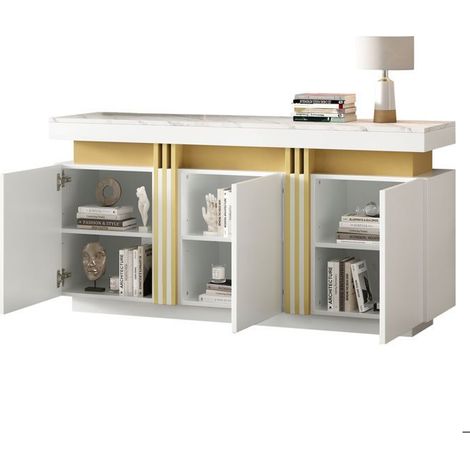 Buffet 140 x 38 x 70 cm style moderne blanc 3 portes cloisons réglables coutures platine compartiments larges sans poignées (1/5)