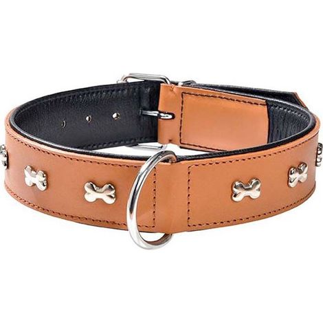 Collare in pelle cammello con lucidi ossi nichelati modello Extra Souple per cani: Collare cammello 45×2,20 cm