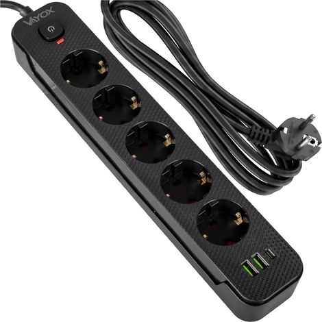 Multiprise Vayox VA0466B-1.5, 5 prises 10 A, 2 ports USB-A, 1 port USB-C 1 A, interrupteur, câble de 1,5 m, noir (1/5)