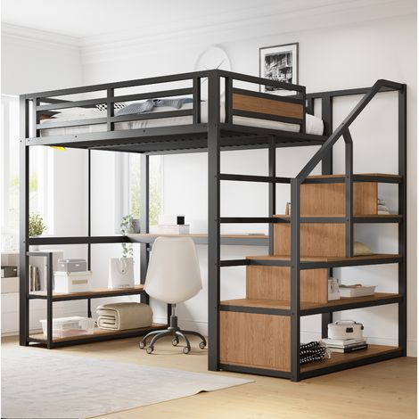 Bett Hochbett Metall 140x200 cm Schwarz, mit Schreibtisch, Regalen und Aufbewahrungstreppe (1/5)