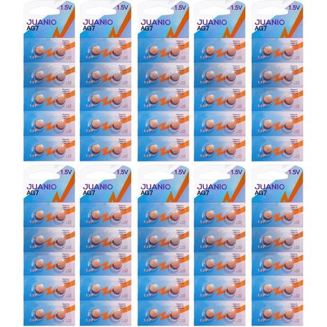 Lot de 100 Piles bouton plates type AG7/G7 1,55V compatibles LR927, LR57, 395, 399, SR57, SR927, V395, V399 - Juanio - (1/2)