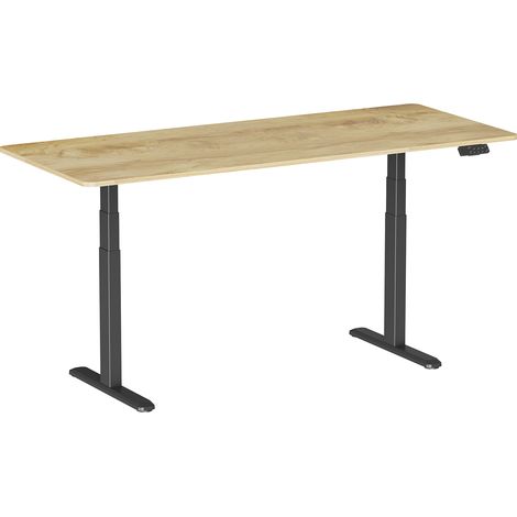 Bureau motorisé assis-debout 180x75cm, Plateau bois clair rustique à bords arrondis/Pied noir