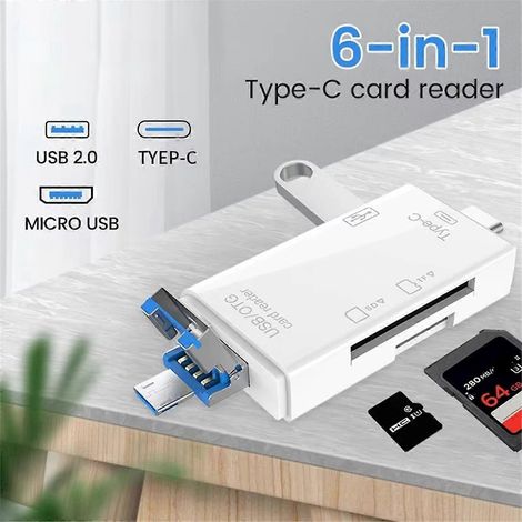 Lecteur de cartes microSD OTG SD TF Type C, adaptateur USB 2.0 OTG 6 en 1, lecteur de cartes TF USB B (1/5)