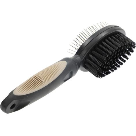 1 - Brosse Double Chien - Accessoire Toilettage 2 en 1 - Picots Métalliques et Poils Naturels - Pour Poils Courts et Longs - Poignée Ergonomique Antidérapante - Noir - 12x8cm