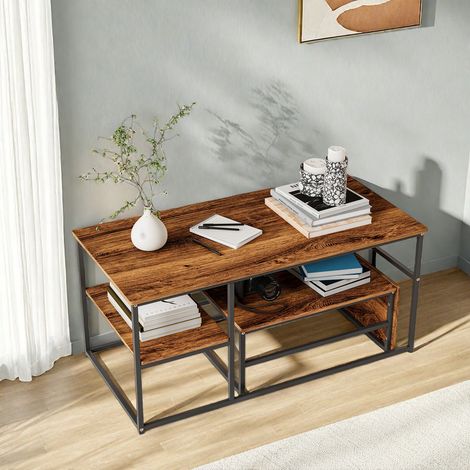 Table basse carrée à deux niveaux avec espace de rangement–Finition bois brun–Pieds en métal noir–Pour salon–105 x 52 x 48.5 cm–Style industriel rétro