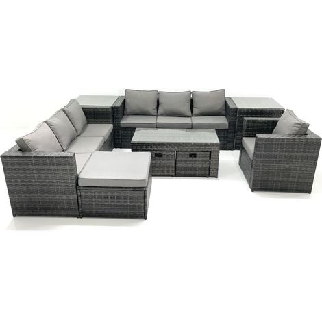 Fimous Ensemble de meubles de jardin en polyrotin 10 places avec Canapé Table basse 3 Tabourets Fauteuil 2 Tables d'appoint Gris foncé mixte (1/5)