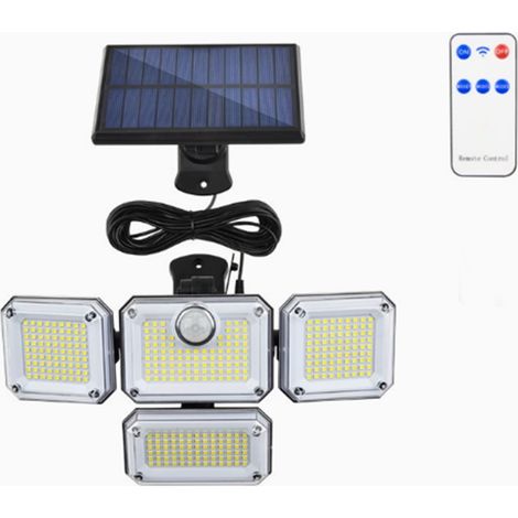 Solarbetriebene Außenstrahler mit 4 Leuchten für Veranda, Garage, Garten, Eingangsbereich und Terrasse. Mit Bewegungsmelder und Schutzart IP65.