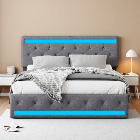 Polsterbett 160x200 cm, Doppelbett mit LED-Licht, Stauraumbett mit 4 Schubladen, Kopfteil mit USB-Anschluss, Erwachsenenbett, grau, Leinenmaterial (1/5)