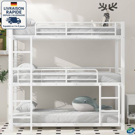 MODFU - Litera infantil para 3 personas 90×200cm, cama juvenil, sin colchón, de metal, anticaídas, color blanco (1/5)