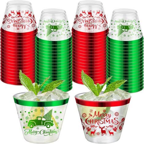 60 Pièces Gobelets de Noël Fête, 270ml Merry Christmas Tasse en Plastique Réutilisables Élégants Verres à Vin Cocktails de Fête avec Bord Rouge et Vert pour Noëls Fêtes Réveillon Décoration (1/5)