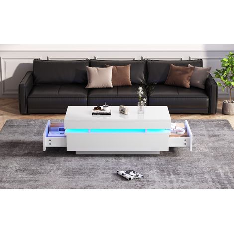Table basse en panneaux de particules blanc brillant 100 cm avec 2 tiroirs et LED