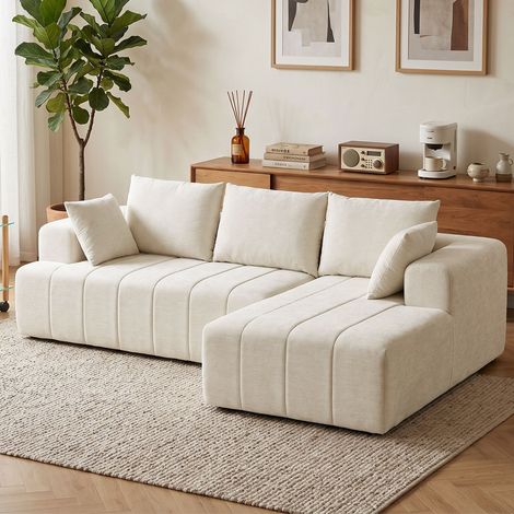 Canapé d'Angle 256 cm Méridienne, Lit 3 Places Chenille Forme L, Assise Large, Beige (1/5)